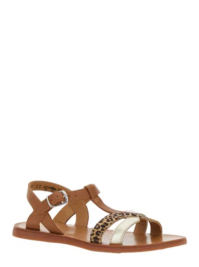 Pom D'api Plagette Salome Brown Open Toe Sandals With Leopard Print Band In Leather Girl In Brown