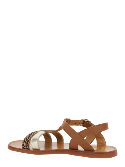 Pom D'api Plagette Salome Brown Open Toe Sandals With Leopard Print Band In Leather Girl In Brown
