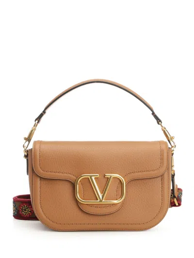 Valentino Garavani Almond Beige Calf Leather Alltime Shoulder Bag In Brown