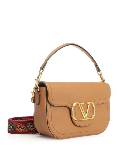 Valentino Garavani Almond Beige Calf Leather Alltime Shoulder Bag In Brown