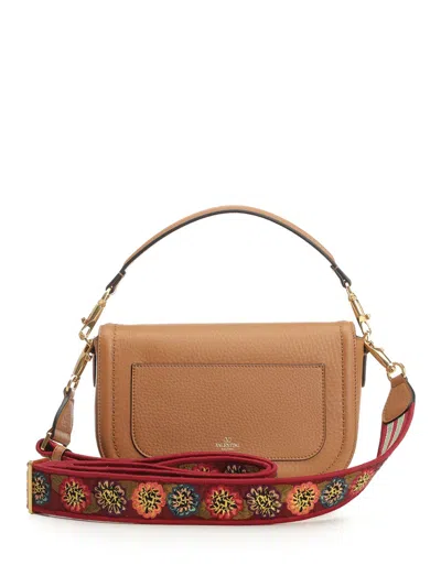Valentino Garavani Almond Beige Calf Leather Alltime Shoulder Bag In Brown