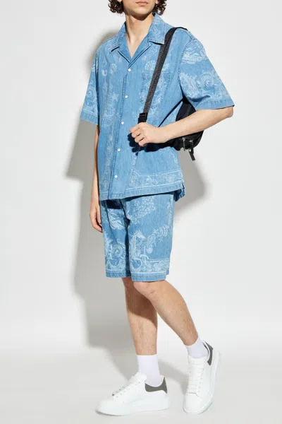 Versace Laser Denim Holiday Print Shirt In Blue