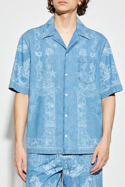 Versace Laser Denim Holiday Print Shirt In Blue