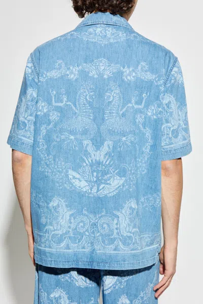 Versace Laser Denim Holiday Print Shirt In Blue