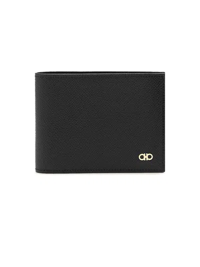 Ferragamo Gancini Leather Compact Wallet Textured Finish In Black