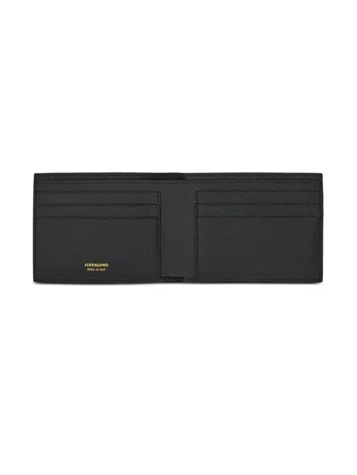Ferragamo Gancini Leather Compact Wallet Textured Finish In Black