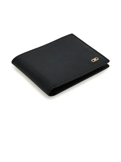 Ferragamo Gancini Leather Compact Wallet Textured Finish In Black