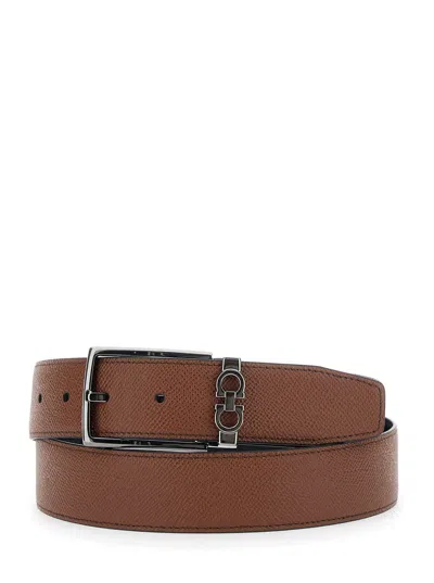 Ferragamo Brown Reversible Belt With Gancini Buckle In Leather Man In Gold