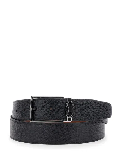 Ferragamo Brown Reversible Belt With Gancini Buckle In Leather Man In Gold