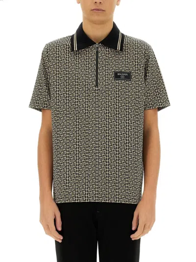 Balmain Pb Labyrinth Jacquard Polo Shirt In Black