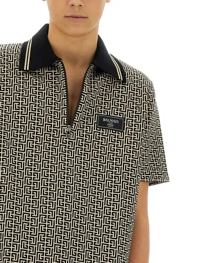 Balmain Pb Labyrinth Jacquard Polo Shirt In Black