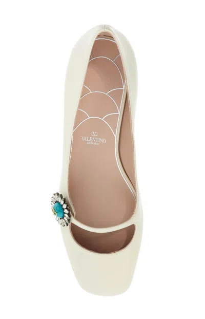Valentino Embellished Square Toe Ballet Flats With Low Block Heel In Neutral