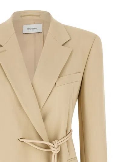 Sportmax Wool Blazer With Belted Waist And Flap Pockets In Neutral