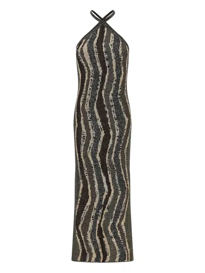 Missoni Womens Brown Tones Stripes Halterneck Metallic Knitted Midi Dress
