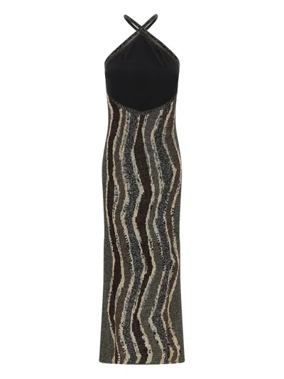Missoni Womens Brown Tones Stripes Halterneck Metallic Knitted Midi Dress