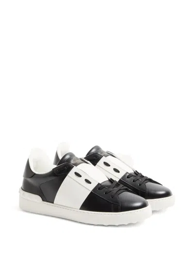 Valentino Garavani Black Leather Open Sneakers With White Band In Multi