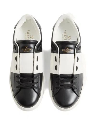 Valentino Garavani Black Leather Open Sneakers With White Band In Multi