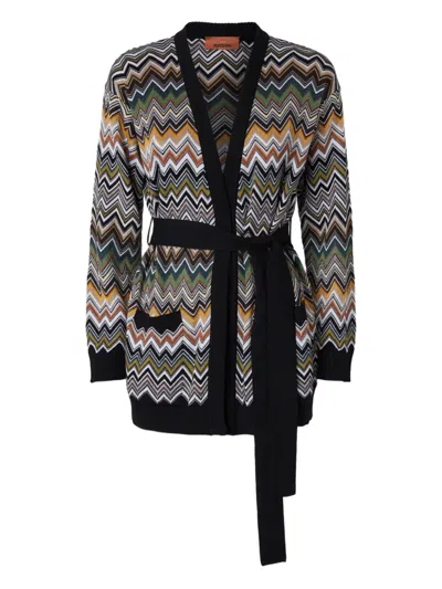 Missoni Relaxed Fit Cardigan With Belt And Chevron Pattern In Black