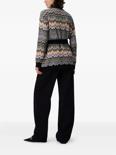 Missoni Relaxed Fit Cardigan With Belt And Chevron Pattern In Black
