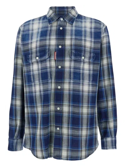 Dsquared2 Checked Pattern Shirt With Pockets And Collar In Blue