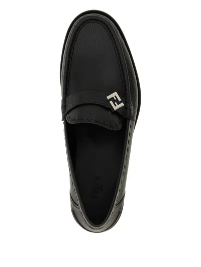 Fendi Round Toe Textured Leather Loafers In Black