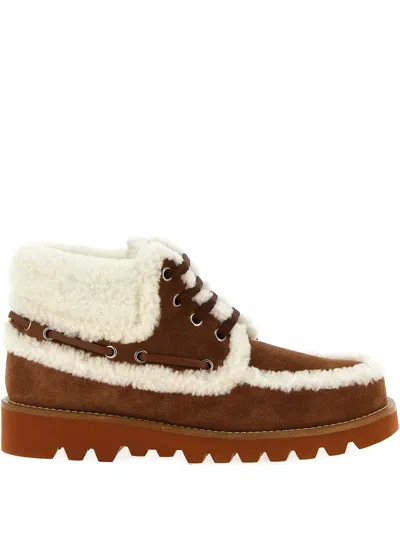 Valentino Garavani Palm Avenue Ankle Boot In Split-grain Leather And Wool 25mm Woman Tobacco/natural In Brown
