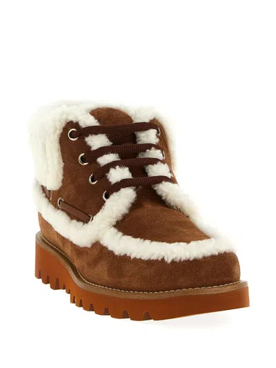 Valentino Garavani Palm Avenue Ankle Boot In Split-grain Leather And Wool 25mm Woman Tobacco/natural In Brown