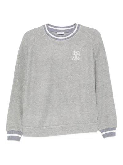 Brunello Cucinelli Crew Neck Logo Embroidered Sweatshirt In Silver