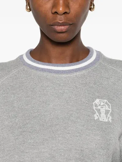 Brunello Cucinelli Crew Neck Logo Embroidered Sweatshirt In Silver