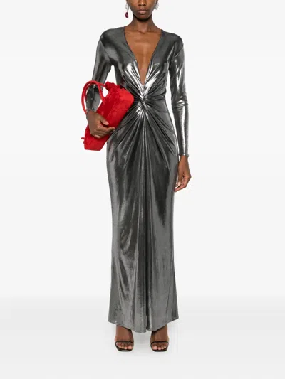 Roserry Twist-front Metallic-effect Maxi Dress In Silver