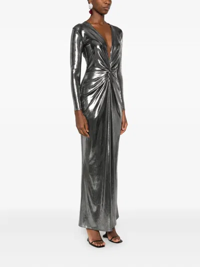 Roserry Twist-front Metallic-effect Maxi Dress In Silver
