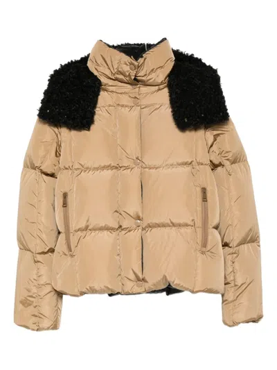 Moncler Piumino Corto Castelnou Con Cappuccio In Pile E Trapuntatura A Quadri In Neutral