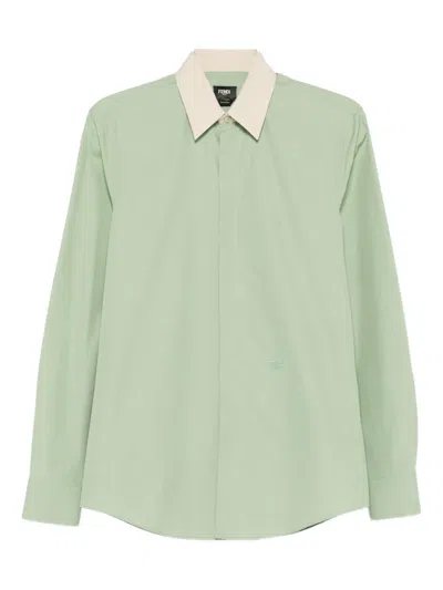 Fendi Contrast-collar Logo-embroidered Shirt In Green