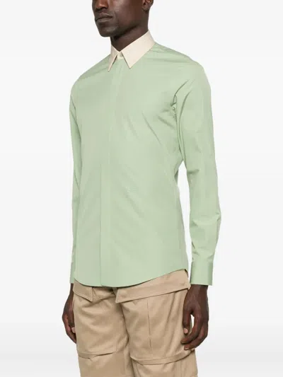 Fendi Contrast-collar Logo-embroidered Shirt In Green