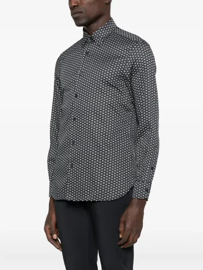 Emporio Armani Geometric Print Cotton Shirt With Button-down Collar In Blue