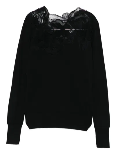 Ermanno Scervino Wool Turtleneck Sweater With Floral Embroidery In Black