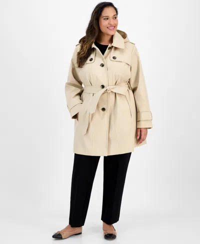 London Fog Women's Hooded Belted Zip-front Raincoat In Neutral