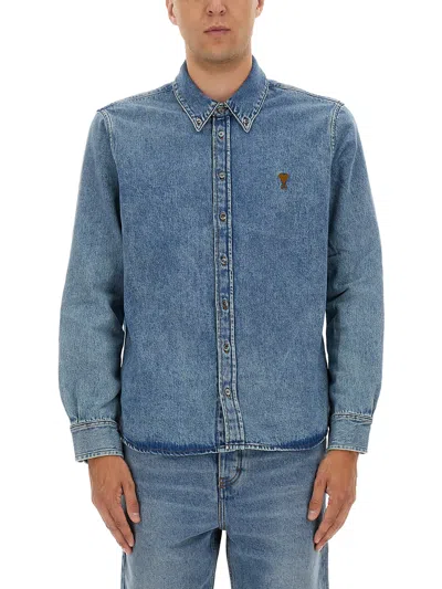 Ami Alexandre Mattiussi Classic Blue Denim Shirt With Structured Collar And Button-down Front In Blue
