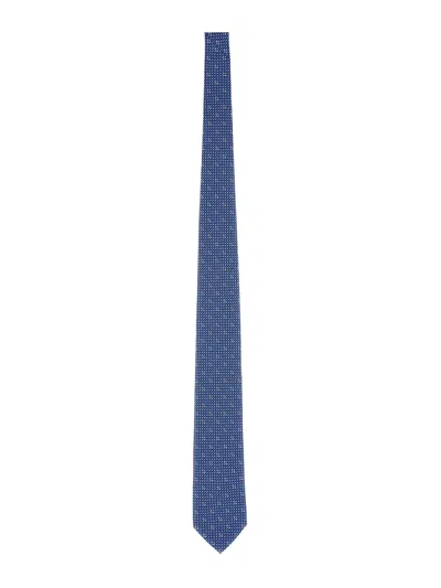 Ferragamo Blue Silk Tie With Gancini Print And Polished Finish