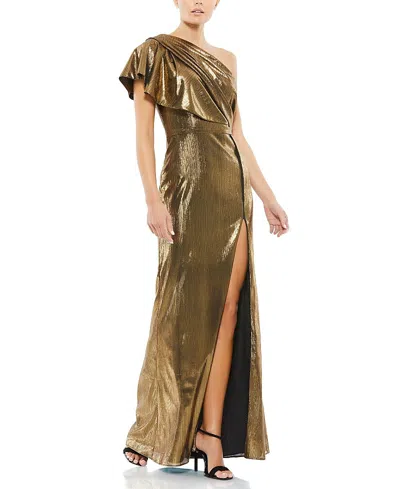 Mac Duggal Ruffled One Shoulder Metallic Evening Gown In Brown