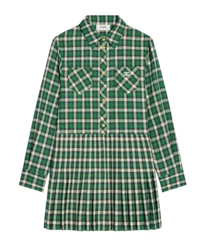 Celine Mini Shirt Dress In Check Wool Natté In Green