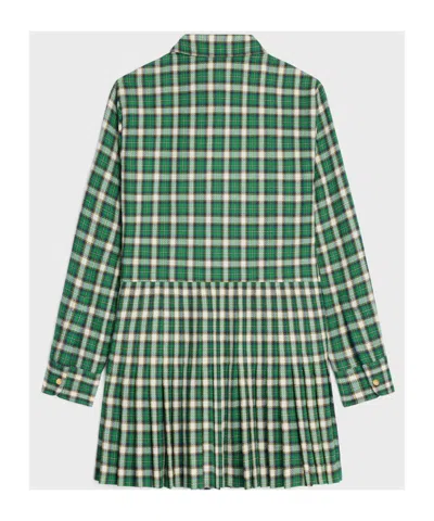 Celine Mini Shirt Dress In Check Wool Natté In Green