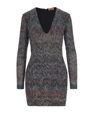 Missoni Multicolour Dress With Deep Neckline And All-over Sequins In Viscose Woman In Black