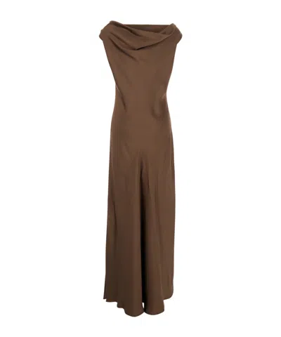 Antonelli Mara Brown Long Dress With Draped Neckline In Acetate Blend Woman In Brown