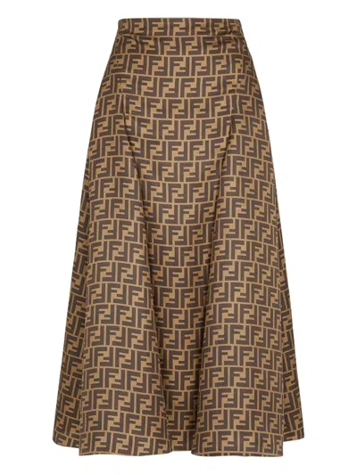 Fendi Women Embroidered Silk Skirt In Brown