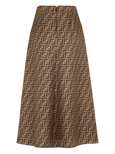 Fendi Women Embroidered Silk Skirt In Brown