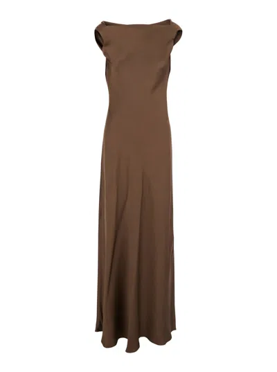 Antonelli Mara Brown Long Dress With Draped Neckline In Acetate Blend Woman In Brown