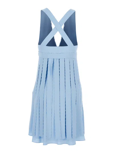 Giovanni Bedin Light Blue Sleeveless Midi Dress With V Neck And Pearl Embellishments In Silk Blend Woman In Blue