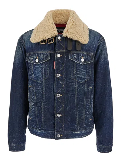 Dsquared2 Denim Aviator Jacket With Shearling Collar And Distressed Finish In Multi