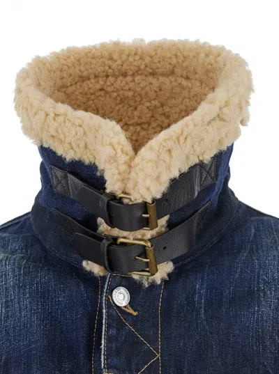 Dsquared2 Denim Aviator Jacket With Shearling Collar And Distressed Finish In Multi